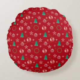 Red Ornaments & Watercolor Pines Christmas Rundes Kissen