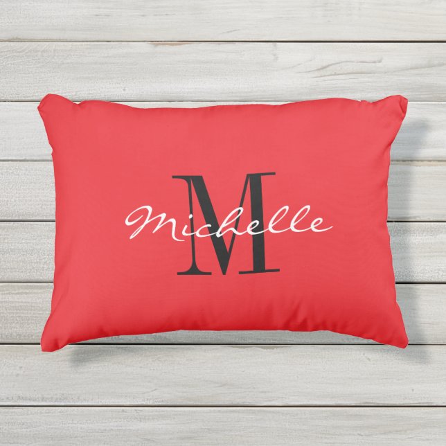 Red outside decoration pillow with classy monogram kissen für draußen (Vorderseite)