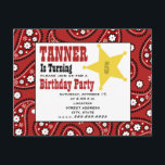 Red Paisley Bandana Kids Cowboy Birthday Einladung<br><div class="desc">Ein Western zum Thema Geburtstagsfeier mit einem roten Paisley-Bandana- Paisley-Muster auf Vorder- und Rückseite.  Vorderseite zeigt ein sternförmiges Abzeichen.  Personalisieren Sie den Text mit Einzelheiten Ihrer Veranstaltung.</div>
