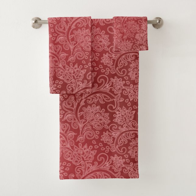 Red Paisley Damask Designer Floral Classic Badhandtuch Set (Insitu)