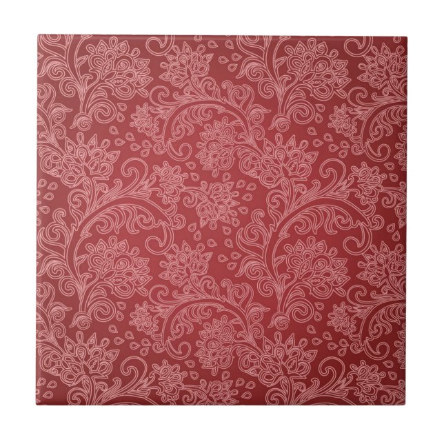 Red Paisley Damask Designer Floral Classic Fliese (Vorderseite)