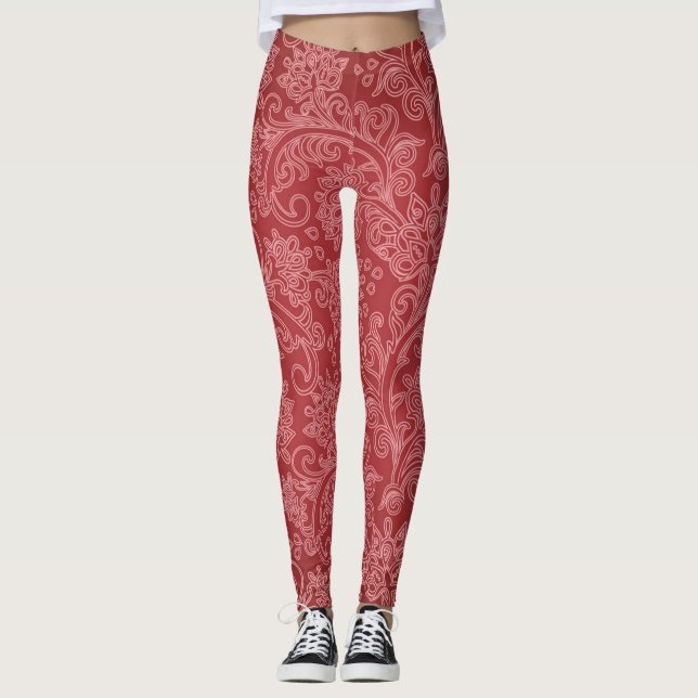 Red Paisley Damask Designer Floral Classic Leggings (Vorderseite)