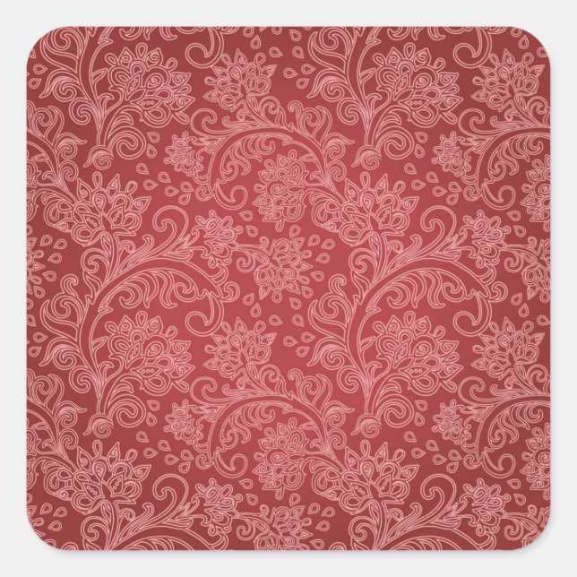 Red Paisley Damask Designer Floral Classic Quadratischer Aufkleber (Vorderseite)