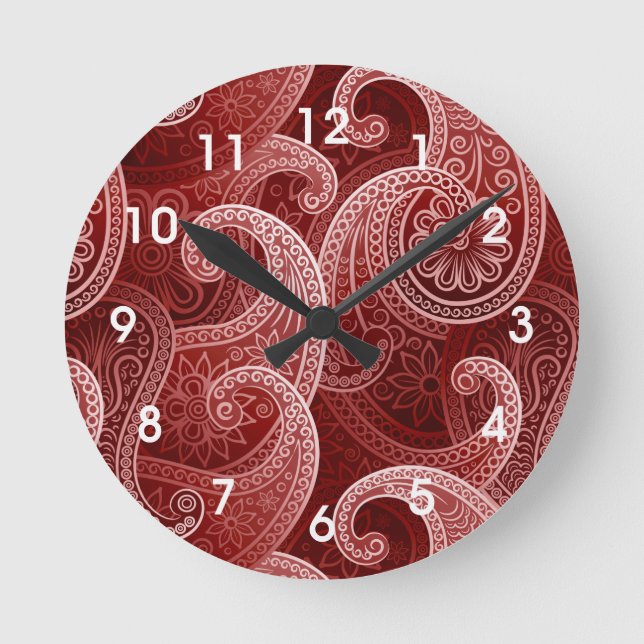 Red Paisley Exotic Pattern Runde Wanduhr (Vorderseite)