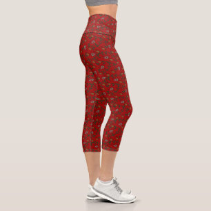 Red Paisley Holly Holiday Capri Leggings