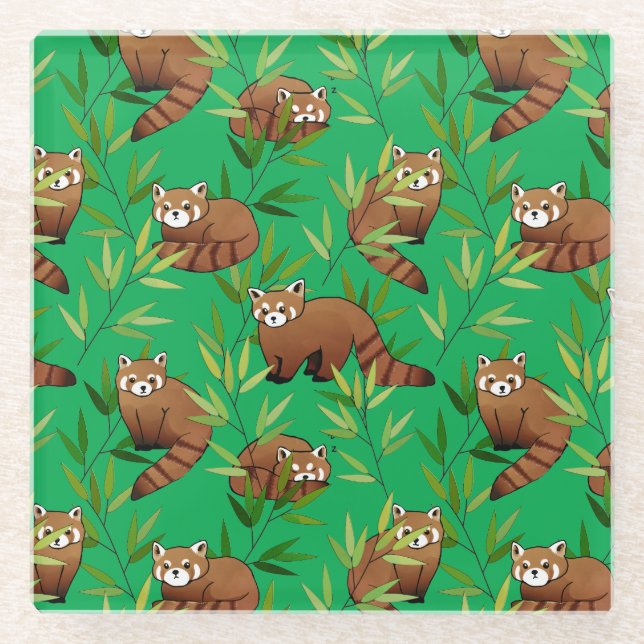 Red Panda & Bamboo Blätter Muster Glasuntersetzer (Vorderseite)