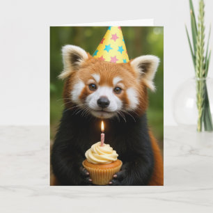 Red Panda Bear Holding a Birthday Cupcake Karte