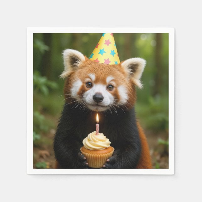 Red Panda Bear Holding a Birthday Cupcake Serviette (Vorderseite)