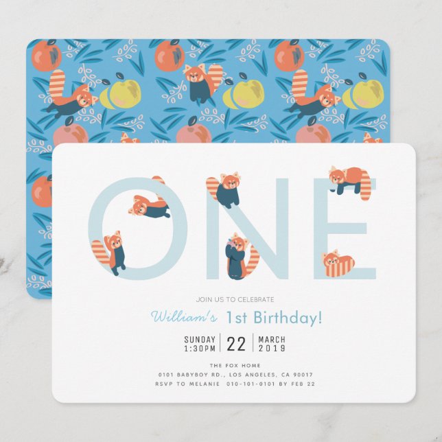 Red Panda Blue Boy Einladung zum 1. Geburtstag (Vorne/Hinten)