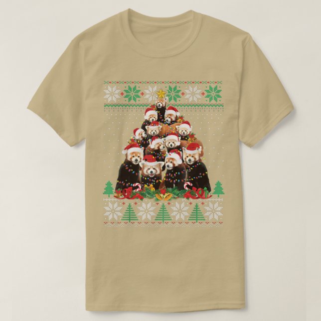 Red Panda Christmas Tree Santa Hat Lights Ugly Swe T-Shirt (Design vorne)