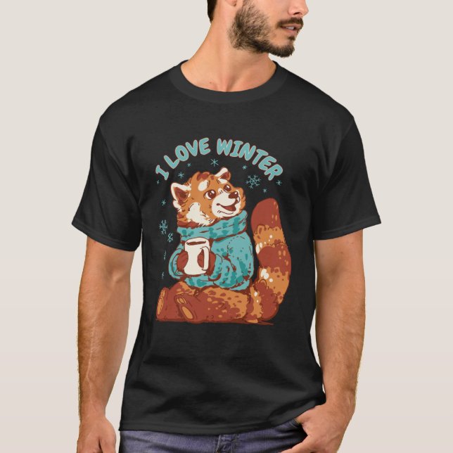 Red Panda Coffee Snow Quote I Love Winter Cute Pan T-Shirt (Vorderseite)