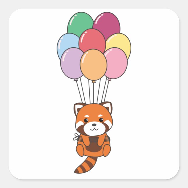 Red Panda fliegt mit farbenfrohen Balloons Quadratischer Aufkleber (Vorderseite)
