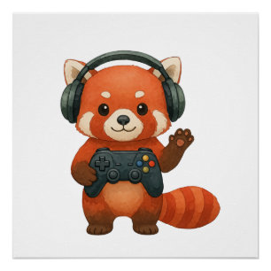 Red Panda Gamer, Gaming-Controller und Kopfhörer Poster