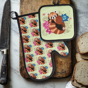 Red Panda Lotus Blume Henna Ofenhandschuh & Topflappen-Set