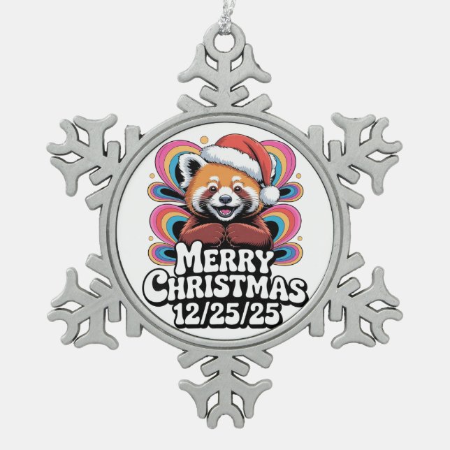 Red Panda Merry Christmas 12/25/25 Schneeflocken Zinn-Ornament (Vorderseite)