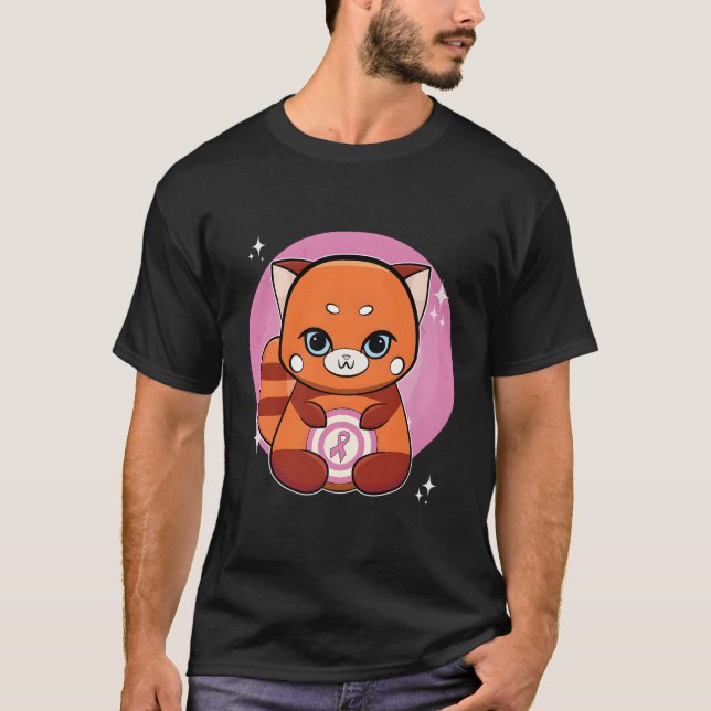 Red Panda mit Ribbon Brustkrebs Bewusstsein T-Shirt (Vorderseite)