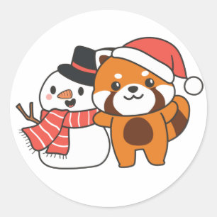 Red Panda mit Snowman im Winter für Weihnachten Cl Runder Aufkleber