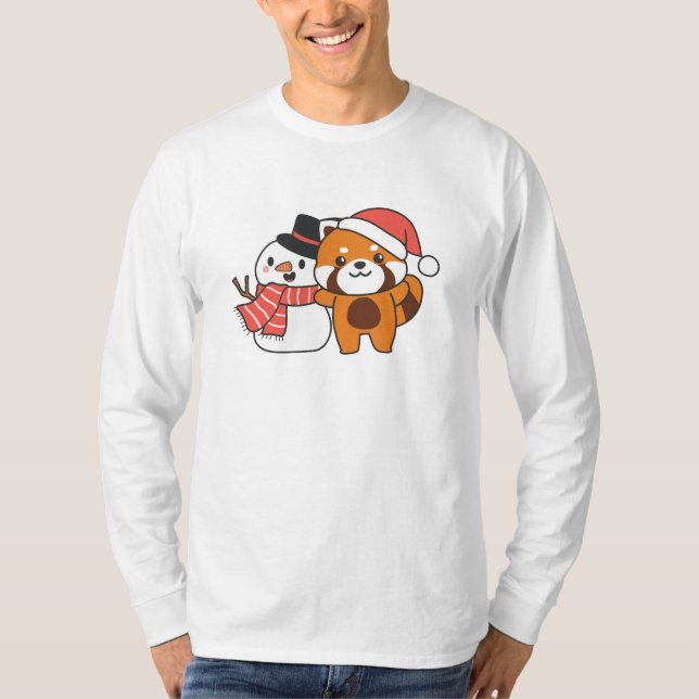Red Panda mit Snowman im Winter zu Weihnachten T-Shirt (Vorderseite)