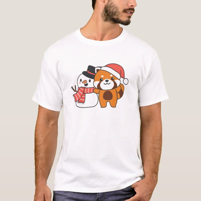 Red Panda mit Snowman im Winter zu Weihnachten T-Shirt (Vorderseite)