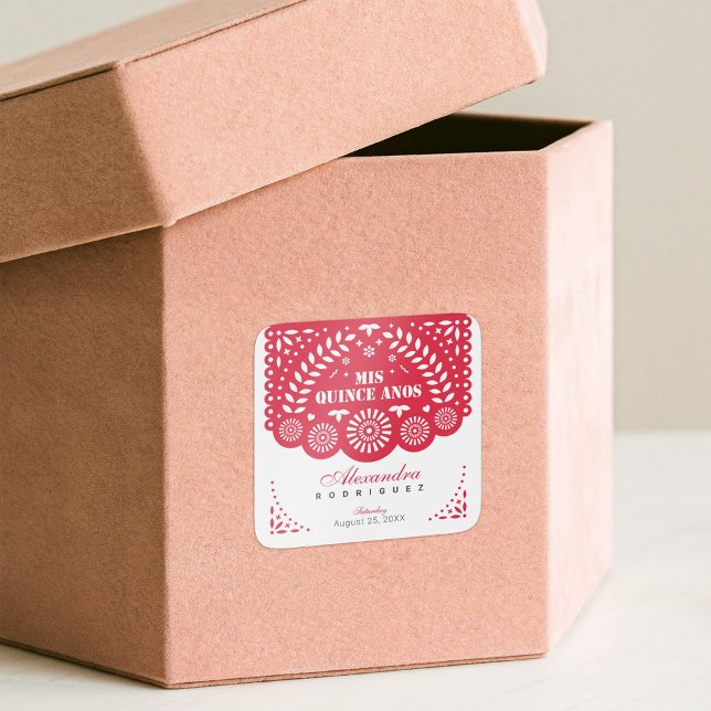 Red Papel Picado Mis Quince Años Quadratischer Aufkleber (Von Creator hochgeladen)