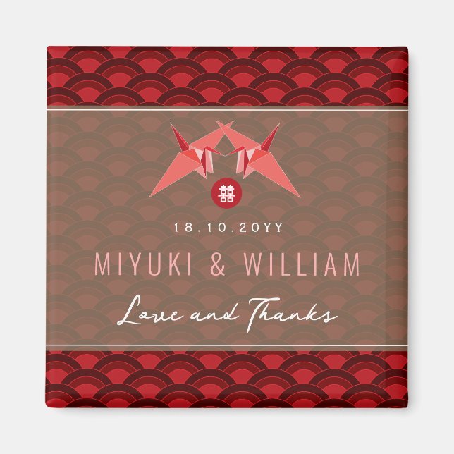 Red Paper Cranes Scallop asiatische Hochzeitsfeier Magnet (Vorne)