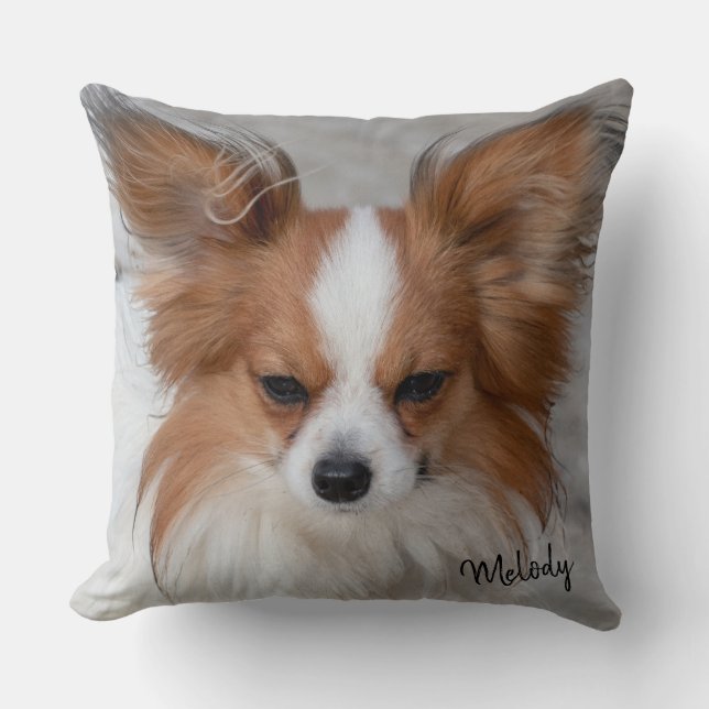 Red Papillon Dog Pet Foto Name des Personalisierte Kissen (Vorderseite)