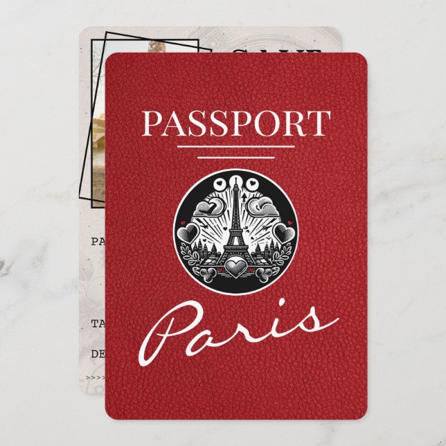 Red Paris Passport Save the Date (Vorne/Hinten)