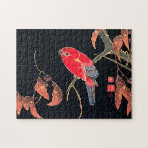 Red Parrot Vintag Bird Japanischer Holzblock Print Puzzle