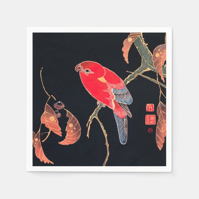 Red Parrot Vintag Bird Japanischer Holzblock Print Serviette (Vorderseite)