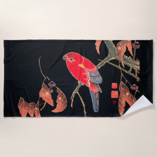 Red Parrot Vintag Bird Japanischer Holzblock Print Strandtuch