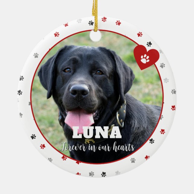 Red Paw Print Pet Loss Hund Foto Erinnerung Keramik Ornament (Hinten)