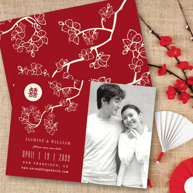Red Peach blüht Chinesisch Double Happy Foto Save The Date (Red/Ivory Peach/Plum Blossoms Chinese Double Happiness Photo Save The Date Card @ fatfatin_red_knot)