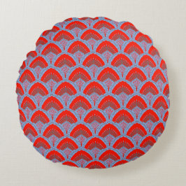 Red Peacock Feather Round Pillow | One Owl Artist Rundes Kissen