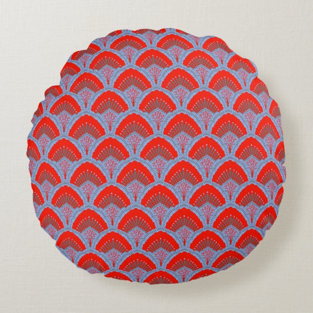 Red Peacock Feather Round Pillow | One Owl Artist Rundes Kissen (Vorderseite)