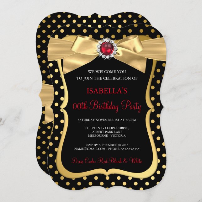 Red Pearl Gold Bow Black Polka Dot Birthday Party Einladung (Vorne/Hinten)