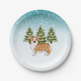 Red Pembroke Welsh Corgi Blue Winter Weihnachten Pappteller