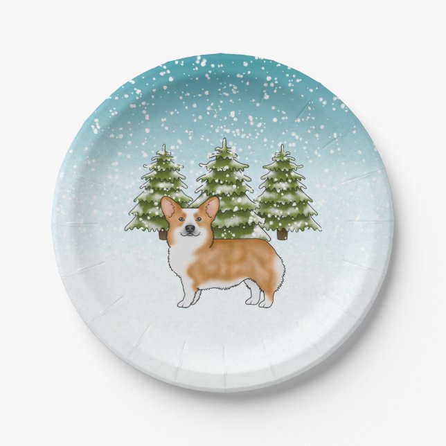 Red Pembroke Welsh Corgi Blue Winter Weihnachten Pappteller (Vorderseite)