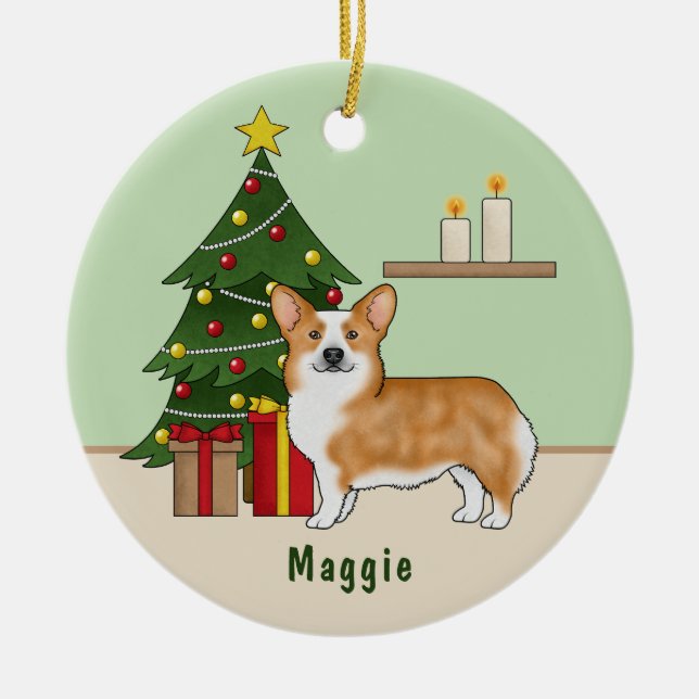 Red Pembroke Welsh Corgi Hund und Weihnachtsbaum Keramik Ornament (Vorne)
