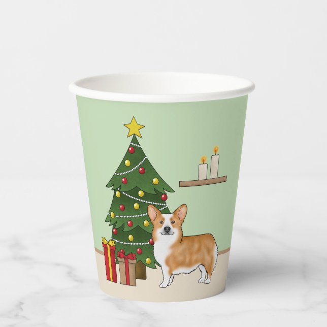 Red Pembroke Welsh Corgi Hund und Weihnachtsbaum Pappbecher (Vorderseite)