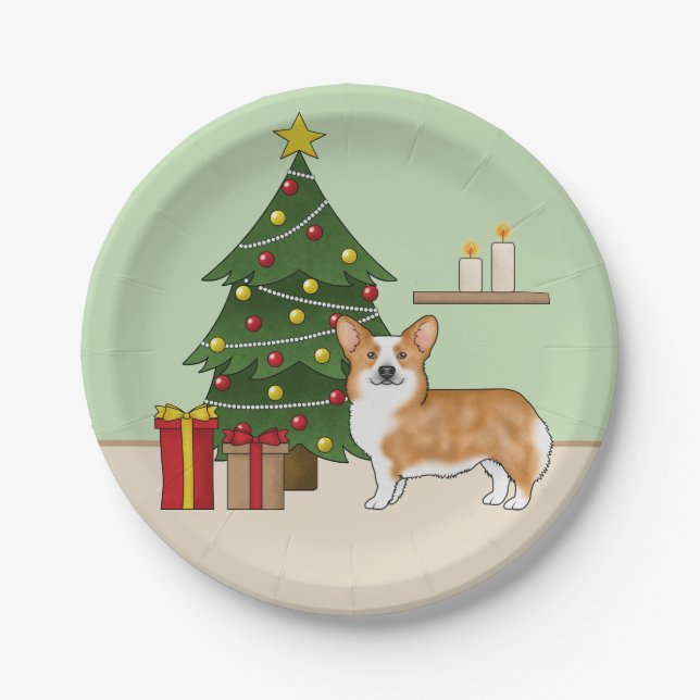 Red Pembroke Welsh Corgi Hund und Weihnachtsbaum Pappteller (Vorderseite)