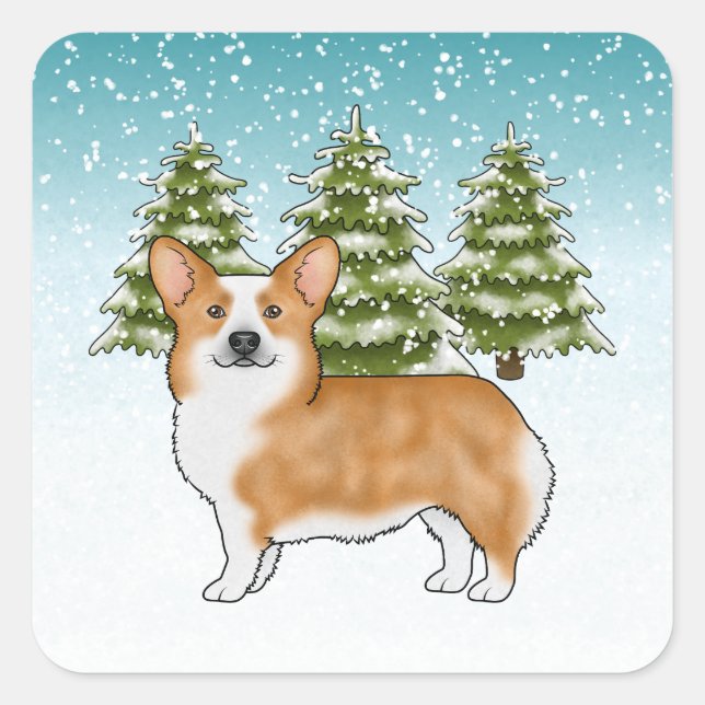 Red Pembroke Welsh Corgi Winterwald Weihnachten Quadratischer Aufkleber (Vorderseite)