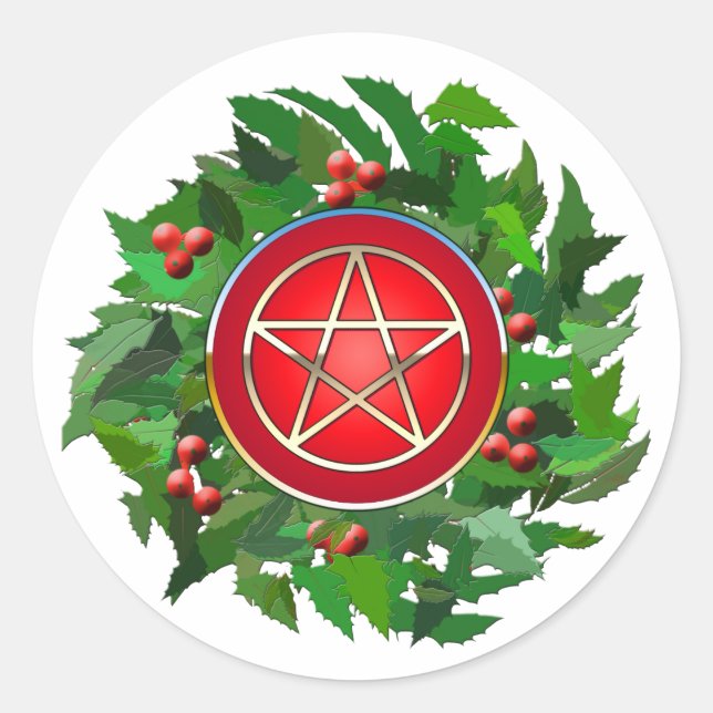 Red Pentacle on Holly Wreath Runder Aufkleber (Vorderseite)