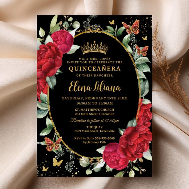 Red Peonies Floral Butterfells Gold Quinceañera Einladung (elegant red peonies floral flowers black background gold oval frame butterflies quinceanera invites)