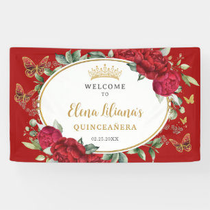 Red Peonies Floral Butterfells Quinceañera Willkom Banner