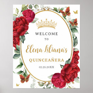 Red Peonies Floral Butterfells Quinceañera Willkom Poster