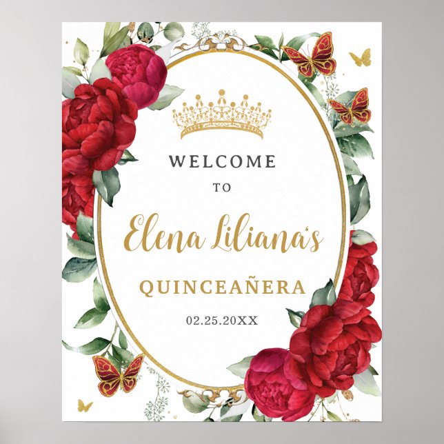 Red Peonies Floral Butterfells Quinceañera Willkom Poster (Vorne)