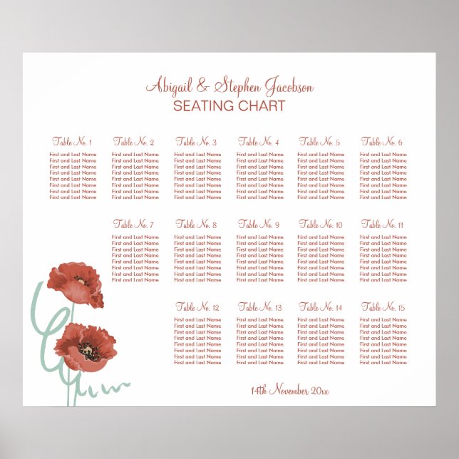 Red Peonies Hochzeitsdiagramm Poster (Vorne)