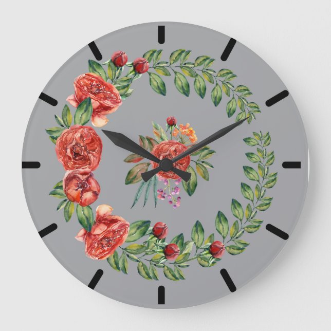 Red Peonies Wreath Clock Große Wanduhr (Vorderseite)