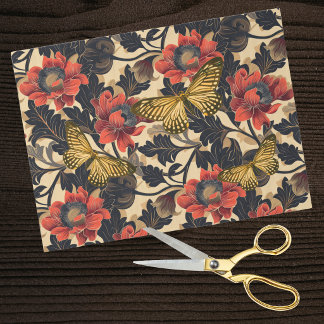 Red Peonies Yellow Butterflies Art Nouveau Style Seidenpapier