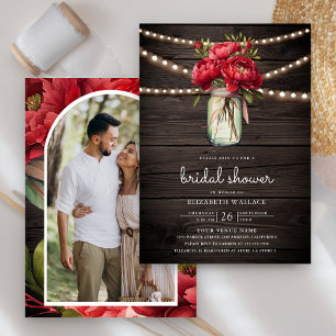 Red Peony Floral Mason Jar Barn Wood Brautparty Einladung